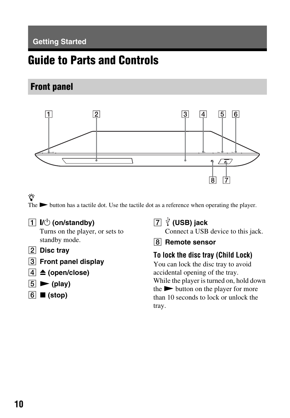 Getting started, Guide to parts and controls, Front panel | Sony BDP-BX59 User Manual | Page 10 / 44