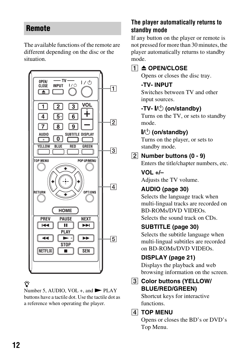 Remote, The player automatically returns to standby mode | Sony BDP-BX59 User Manual | Page 12 / 44