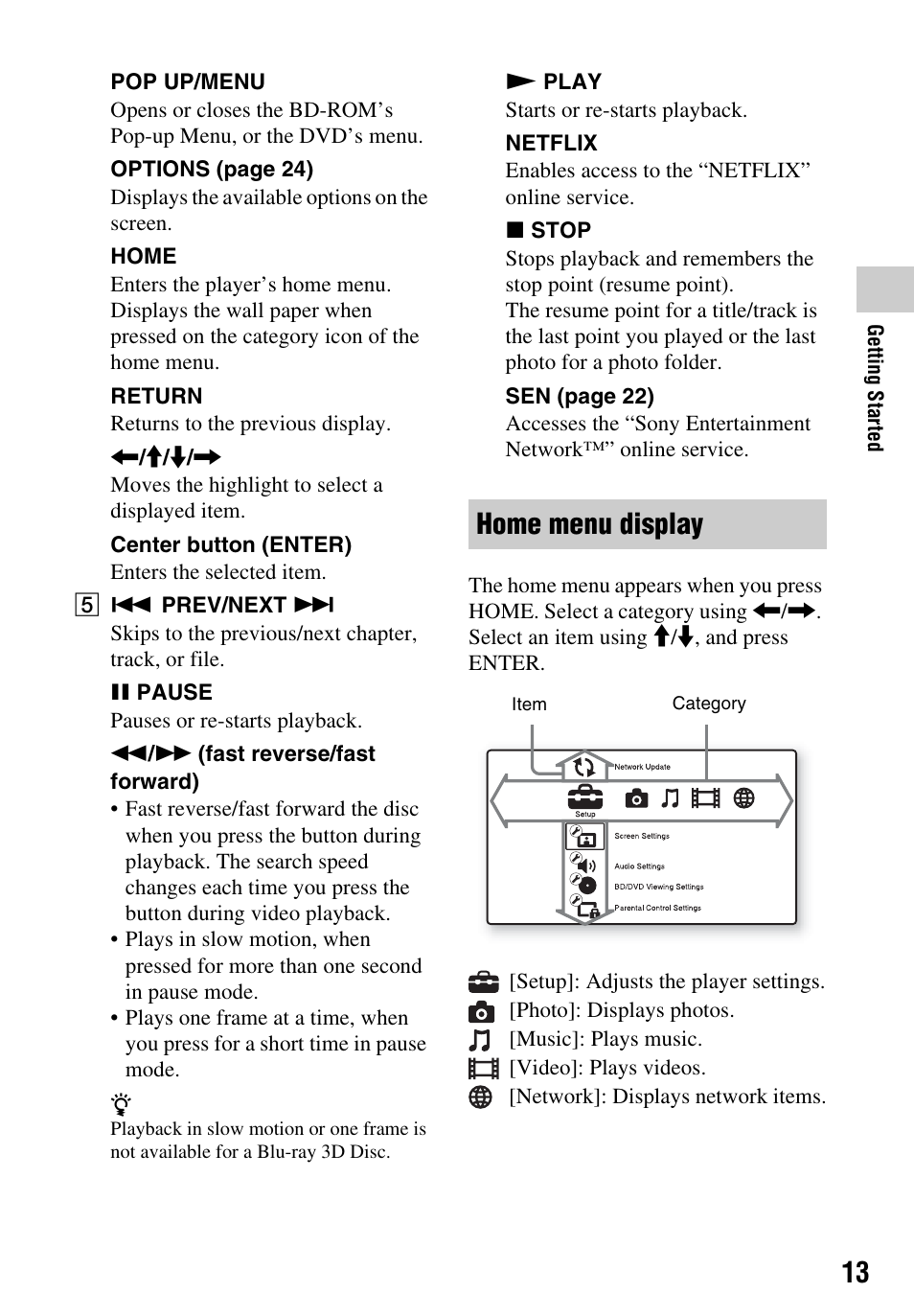 Home menu display | Sony BDP-BX59 User Manual | Page 13 / 44