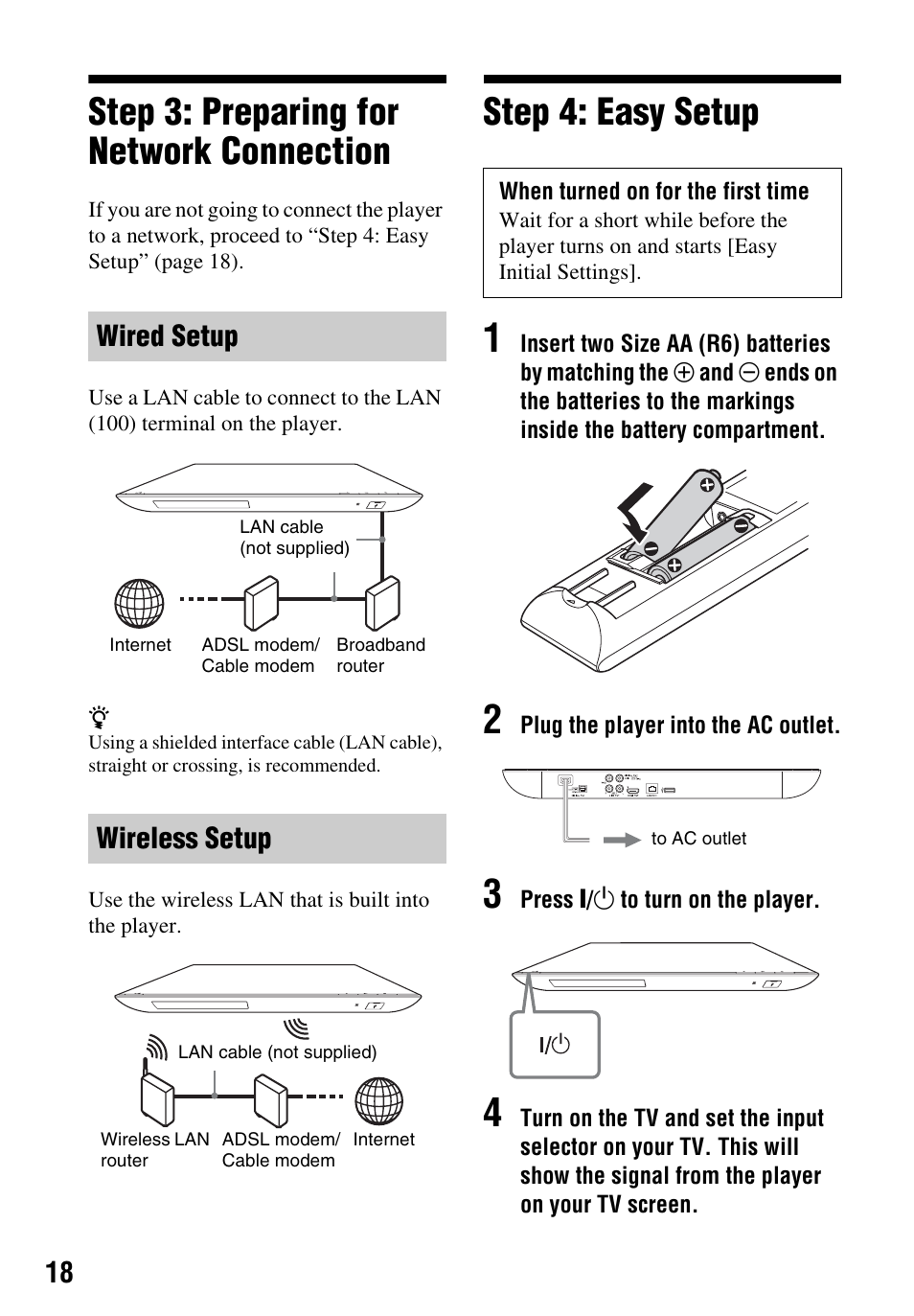 Step 3: preparing for network connection, Step 4: easy setup, Wired setup wireless setup | Sony BDP-BX59 User Manual | Page 18 / 44