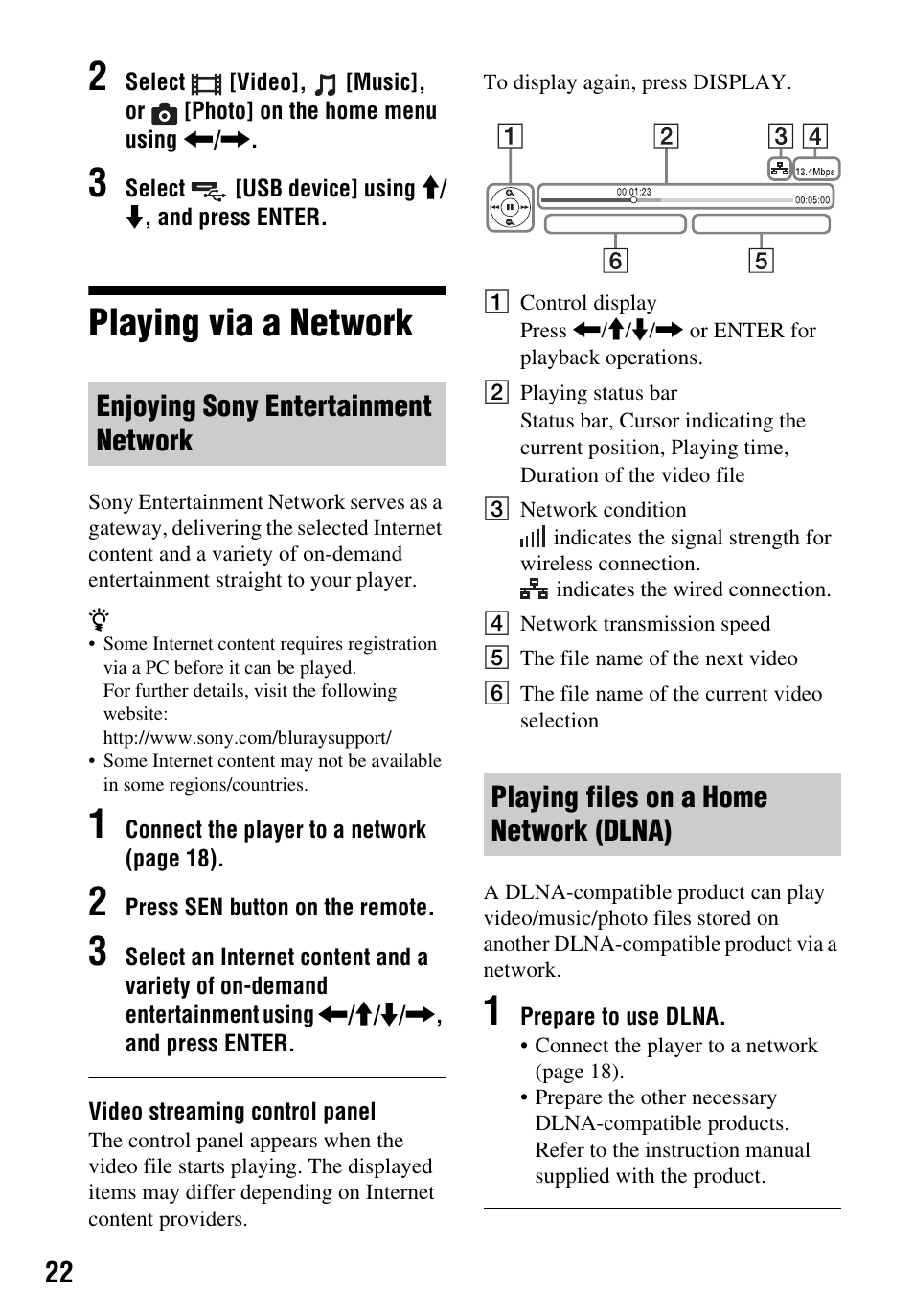 Playing via a network | Sony BDP-BX59 User Manual | Page 22 / 44