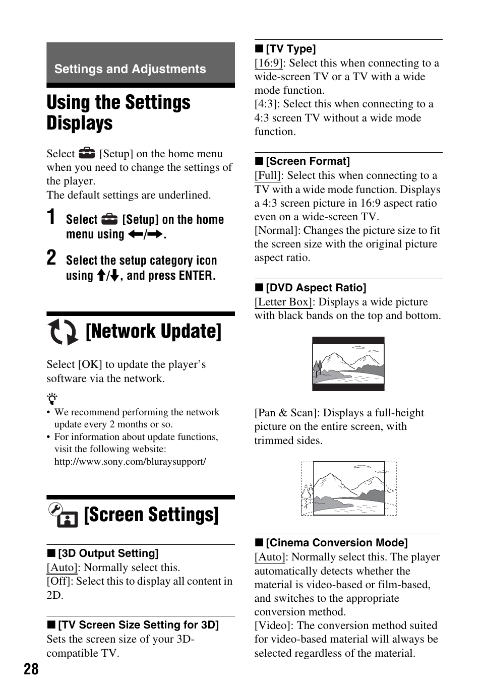 Settings and adjustments, Using the settings displays, Network update | Screen settings | Sony BDP-BX59 User Manual | Page 28 / 44