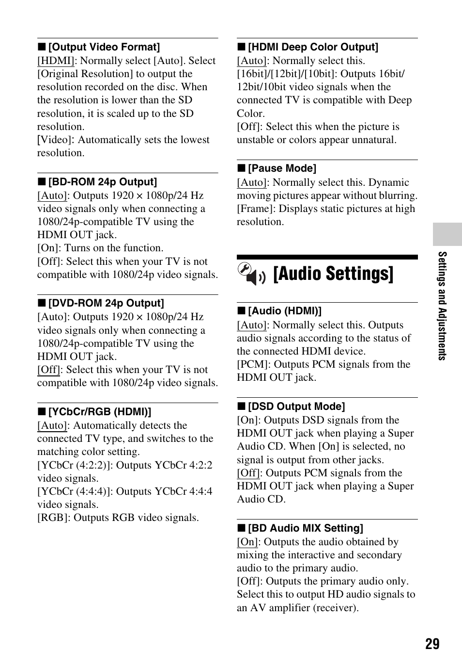 Audio settings | Sony BDP-BX59 User Manual | Page 29 / 44