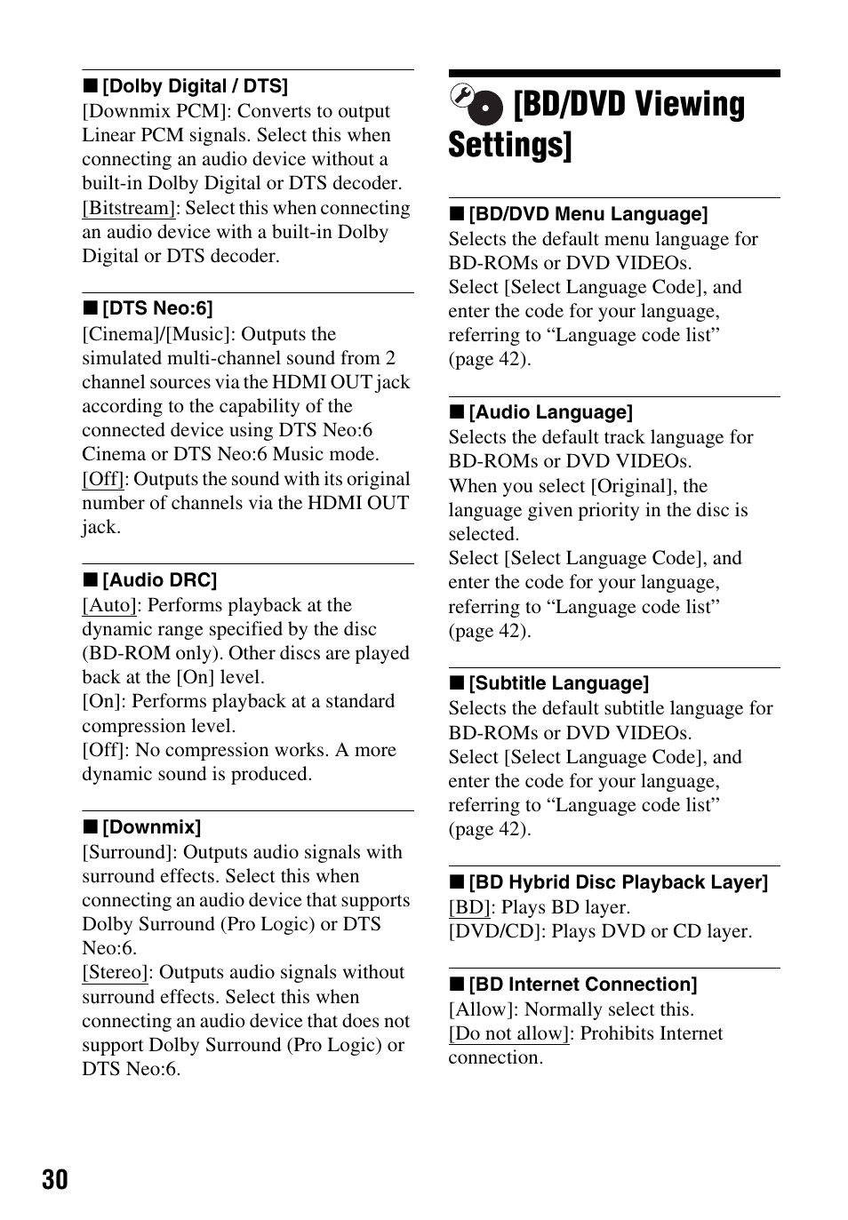 Bd/dvd viewing settings | Sony BDP-BX59 User Manual | Page 30 / 44