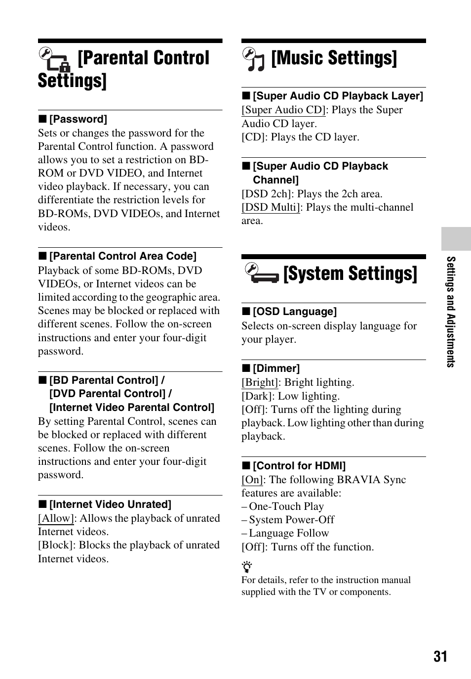 Parental control settings, Music settings, System settings | Sony BDP-BX59 User Manual | Page 31 / 44