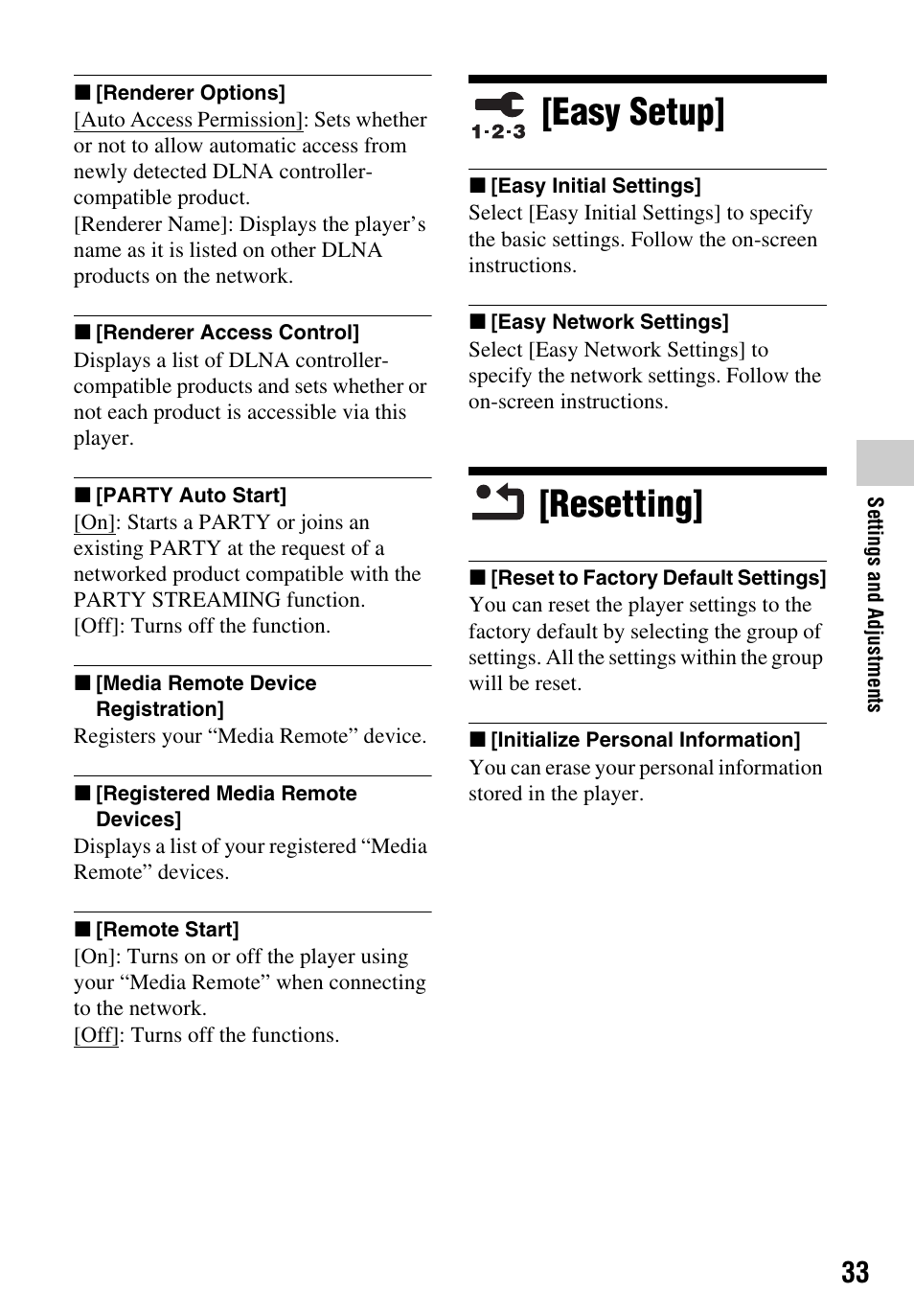 Easy setup, Resetting, Easy setup] [resetting | Sony BDP-BX59 User Manual | Page 33 / 44