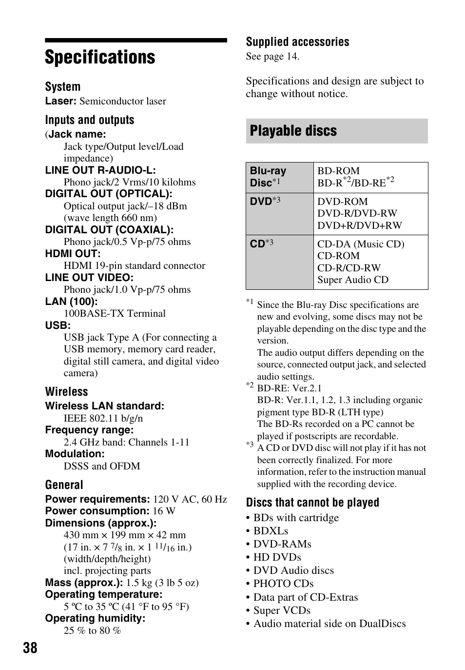 Specifications, Playable discs | Sony BDP-BX59 User Manual | Page 38 / 44