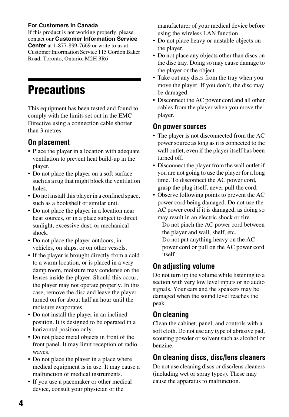 Precautions | Sony BDP-BX59 User Manual | Page 4 / 44