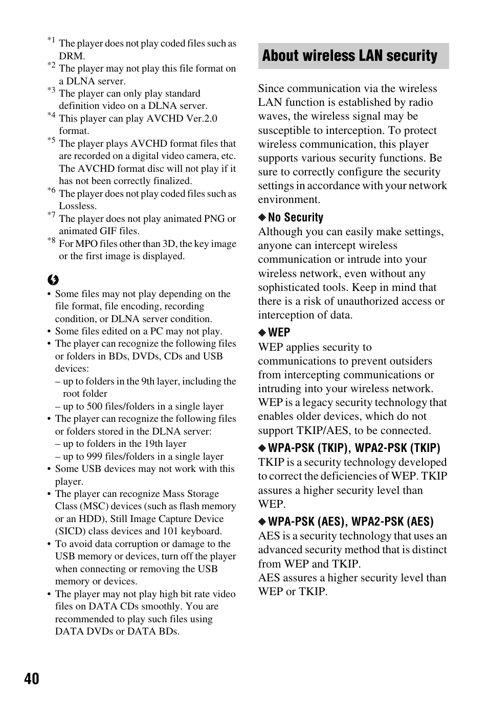 About wireless lan security | Sony BDP-BX59 User Manual | Page 40 / 44