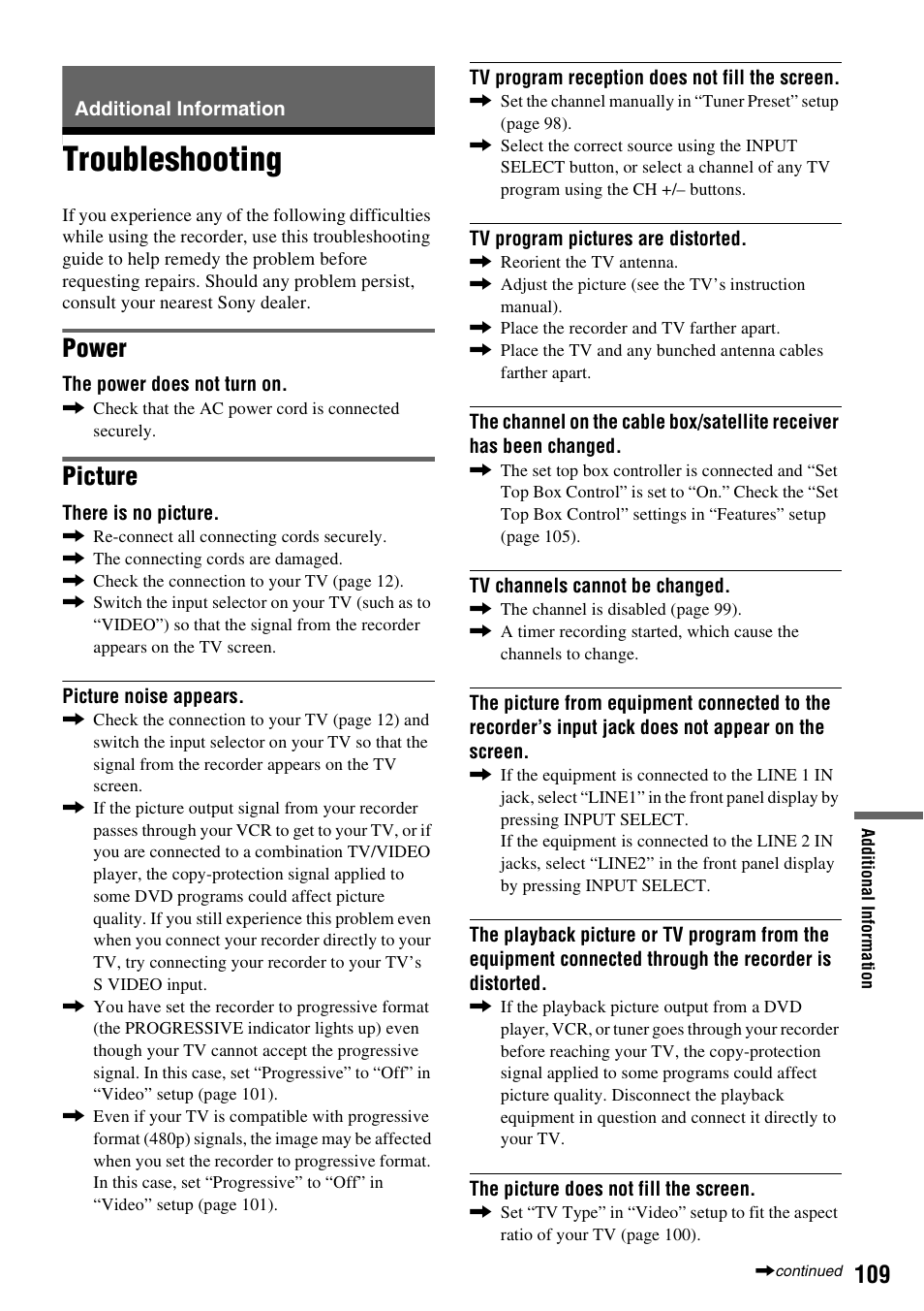 Additional information, Troubleshooting, Power | Picture | Sony RDR-VX521 User Manual | Page 109 / 132