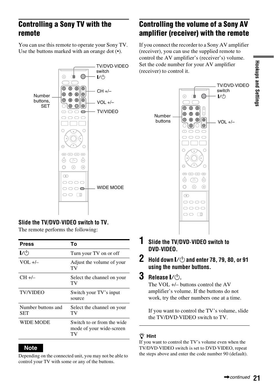 Controlling a sony tv with the remote | Sony RDR-VX521 User Manual | Page 21 / 132