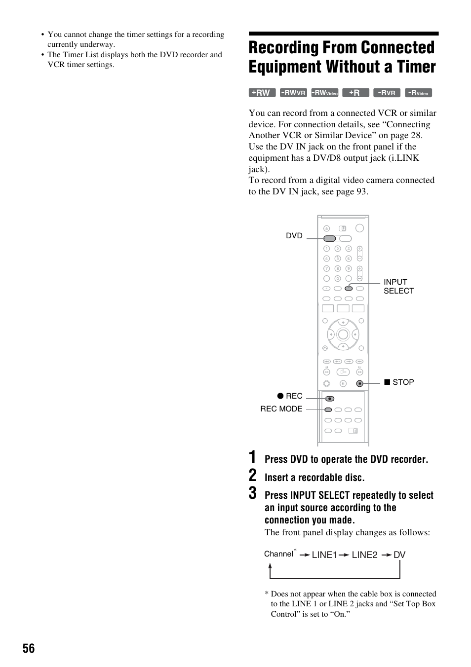 Recording from connected equipment without a timer | Sony RDR-VX521 User Manual | Page 56 / 132