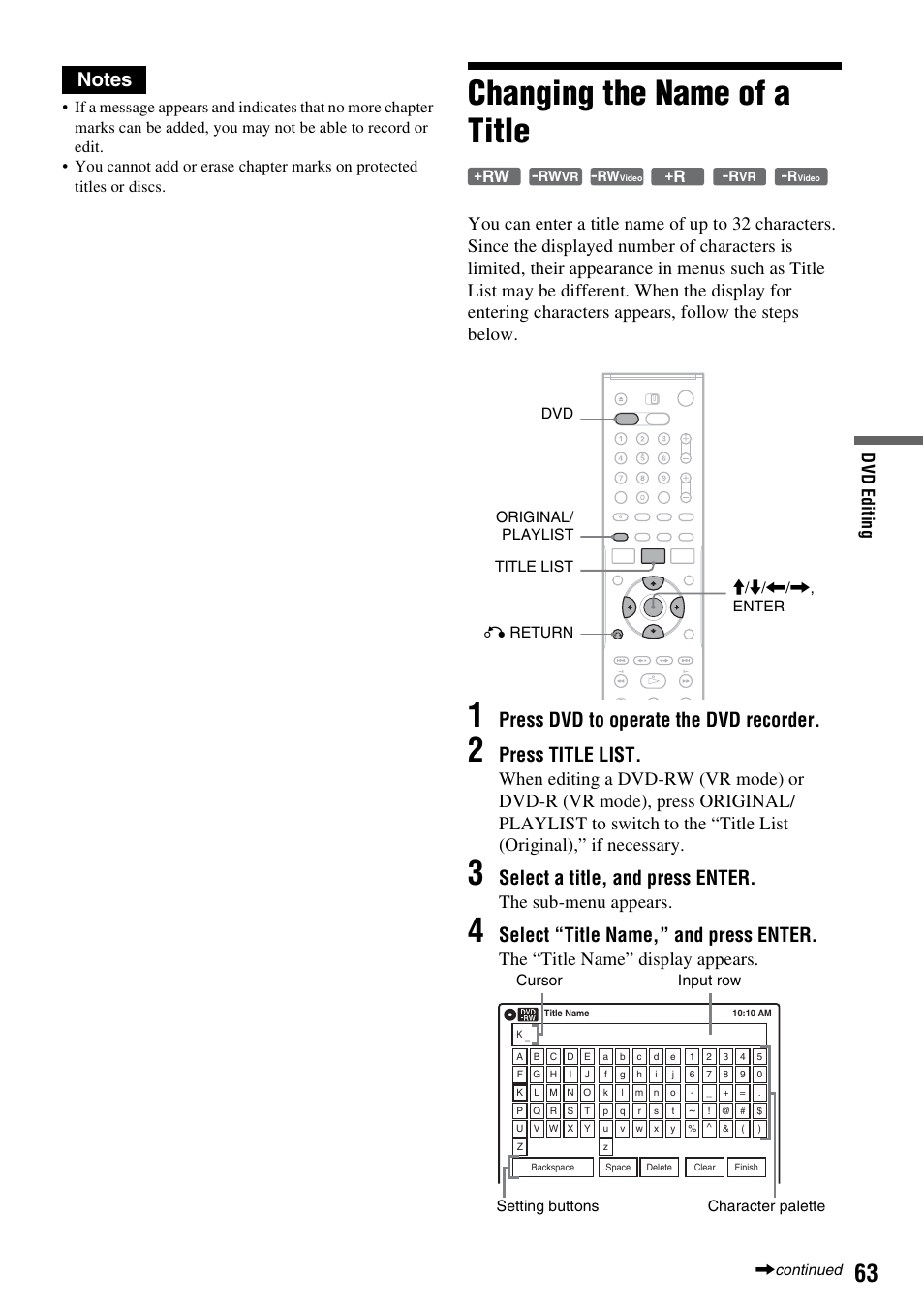 Changing the name of a title, Press dvd to operate the dvd recorder, Press title list | Select a title, and press enter, Select “title name,” and press enter, The sub-menu appears, The “title name” display appears | Sony RDR-VX521 User Manual | Page 63 / 132