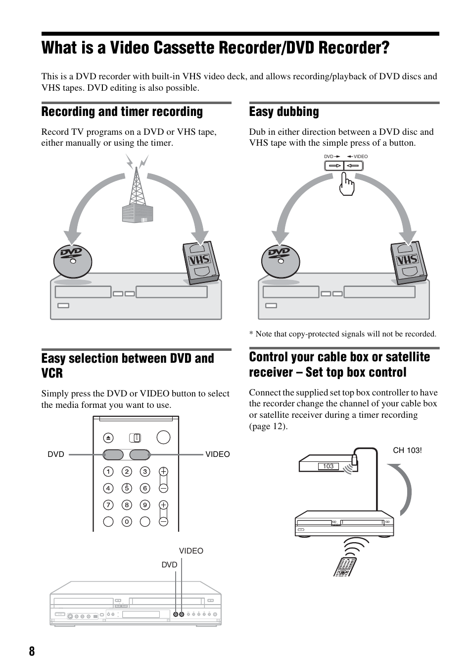 What is a video cassette recorder/dvd recorder, Recording and timer recording, Easy selection between dvd and vcr | Easy dubbing | Sony RDR-VX521 User Manual | Page 8 / 132