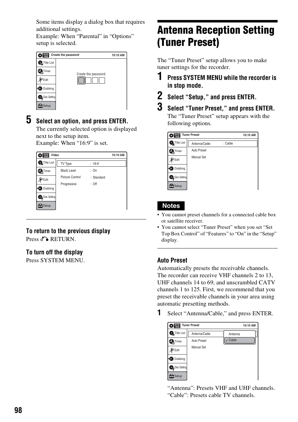 Antenna reception setting (tuner preset), Select an option, and press enter, Select “setup,” and press enter | Select “tuner preset,” and press enter, Auto preset, Press o return, Press system menu | Sony RDR-VX521 User Manual | Page 98 / 132