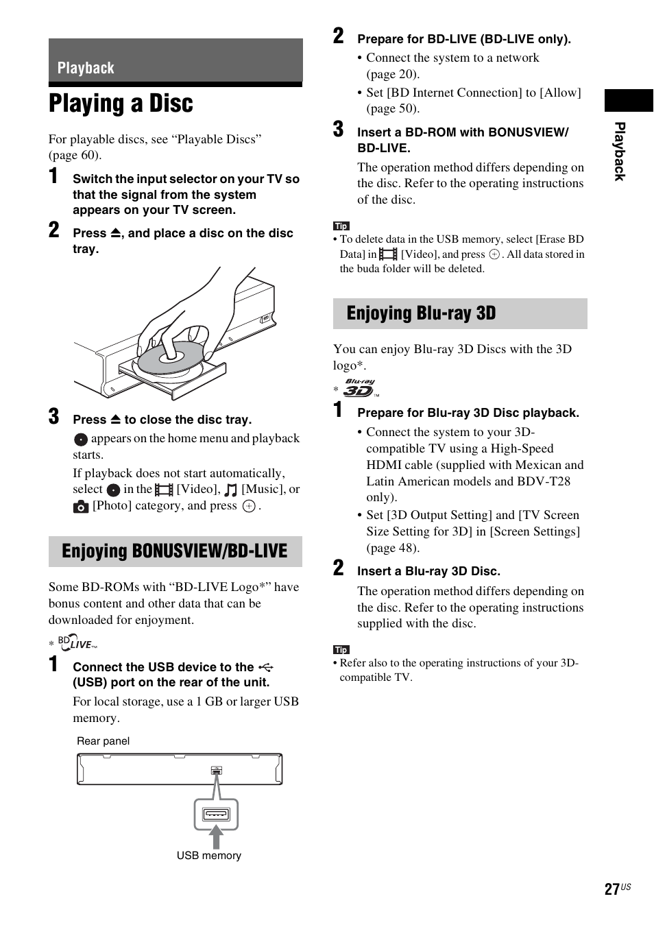 Playback, Playing a disc, Enjoying bonusview/bd-live | Enjoying blu-ray 3d, Es 27 | Sony BDV-E280 User Manual | Page 27 / 68
