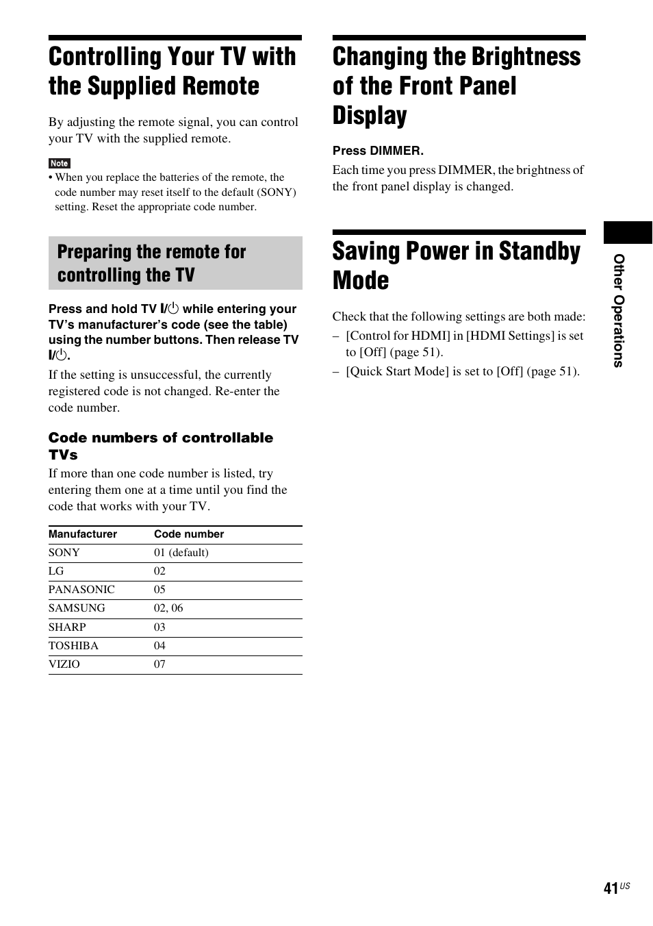 Controlling your tv with the supplied remote, Preparing the remote for controlling the tv, Changing the brightness of the front panel display | Saving power in standby mode, Controlling your tv with the supplied, Remote, Changing the brightness of the front, Panel display | Sony BDV-E280 User Manual | Page 41 / 68