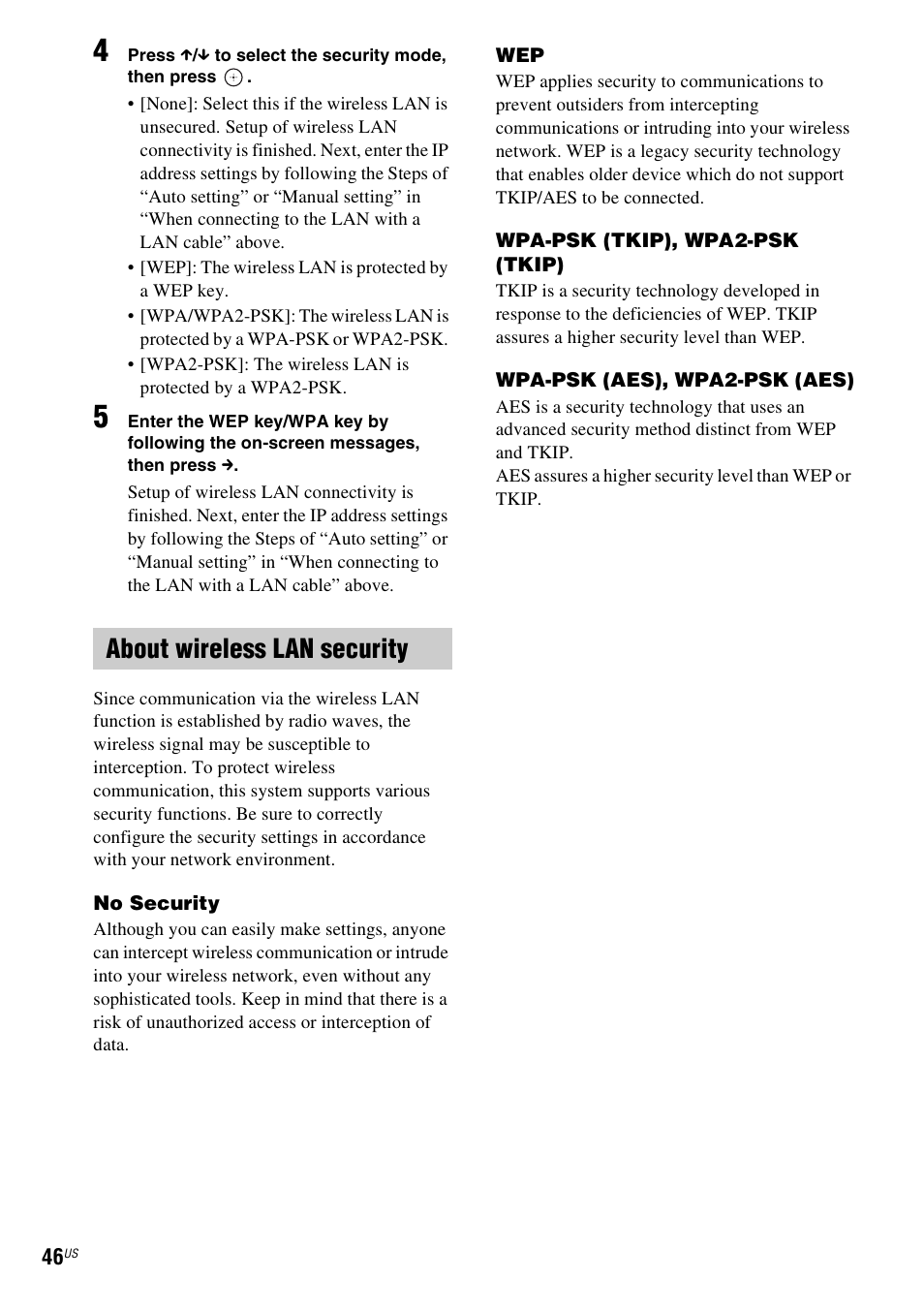About wireless lan security | Sony BDV-E280 User Manual | Page 46 / 68