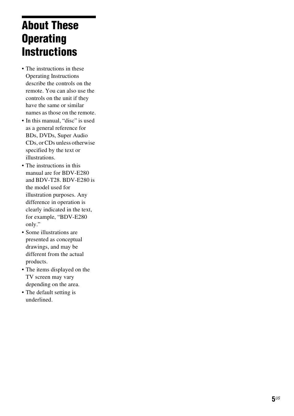 About these operating instructions | Sony BDV-E280 User Manual | Page 5 / 68