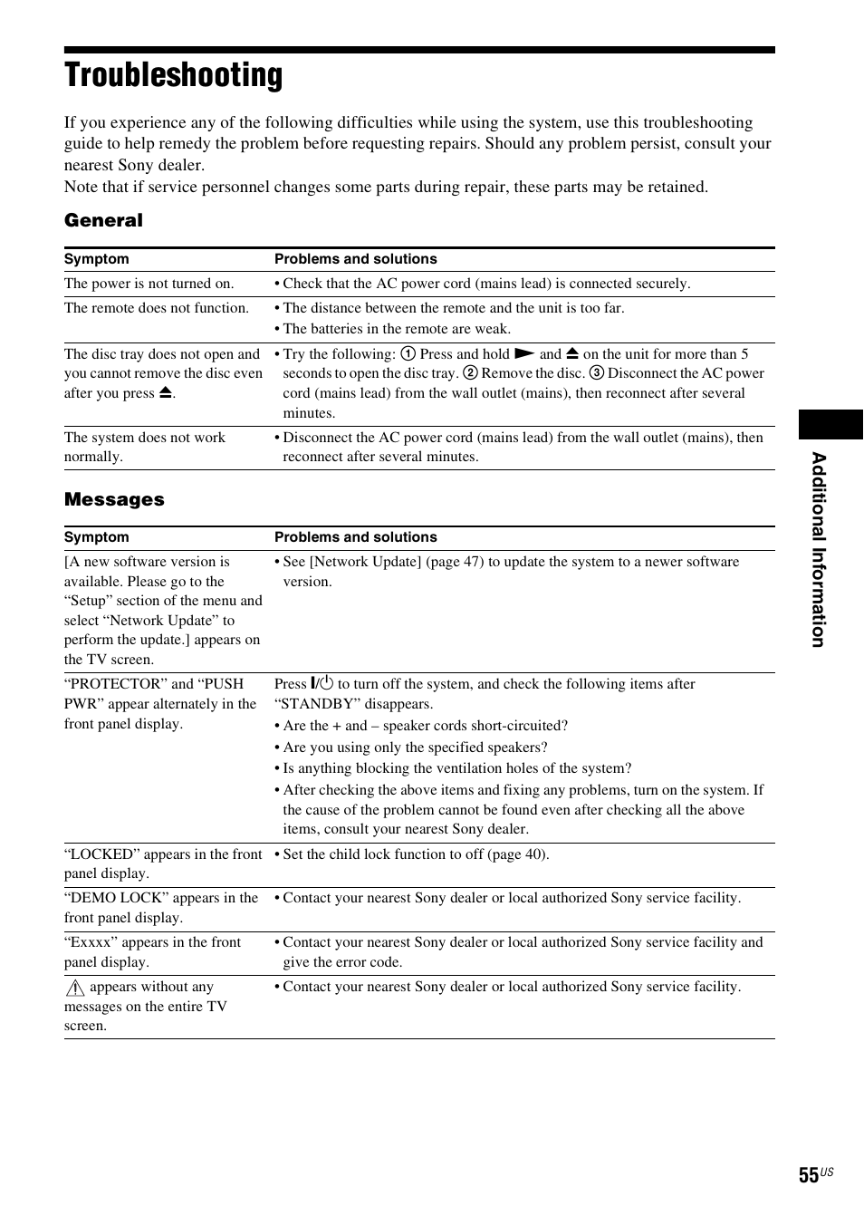 Troubleshooting | Sony BDV-E280 User Manual | Page 55 / 68