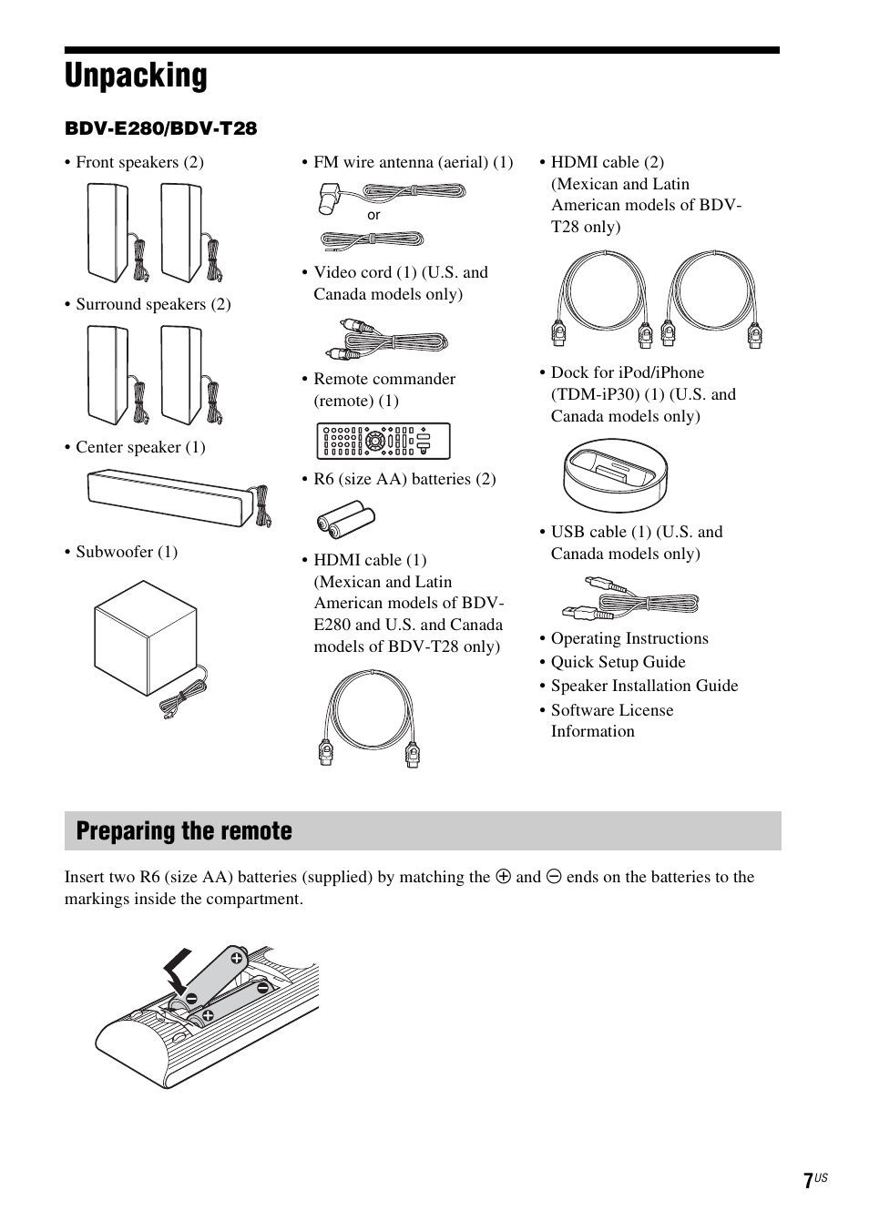 Unpacking, Preparing the remote | Sony BDV-E280 User Manual | Page 7 / 68