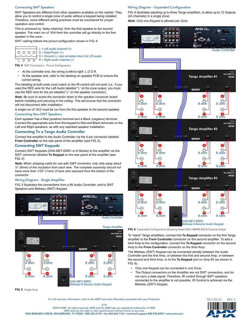 Connecting swt speakers, Connecting non-swt speakers, Connecting to a tango audio controller | Connecting swt keypads, Wiring diagram - single amplifier, Wiring diagram - expanded configuration | AMX Tango Amplifiers DAS-TAMP4/8-SIG User Manual | Page 2 / 2