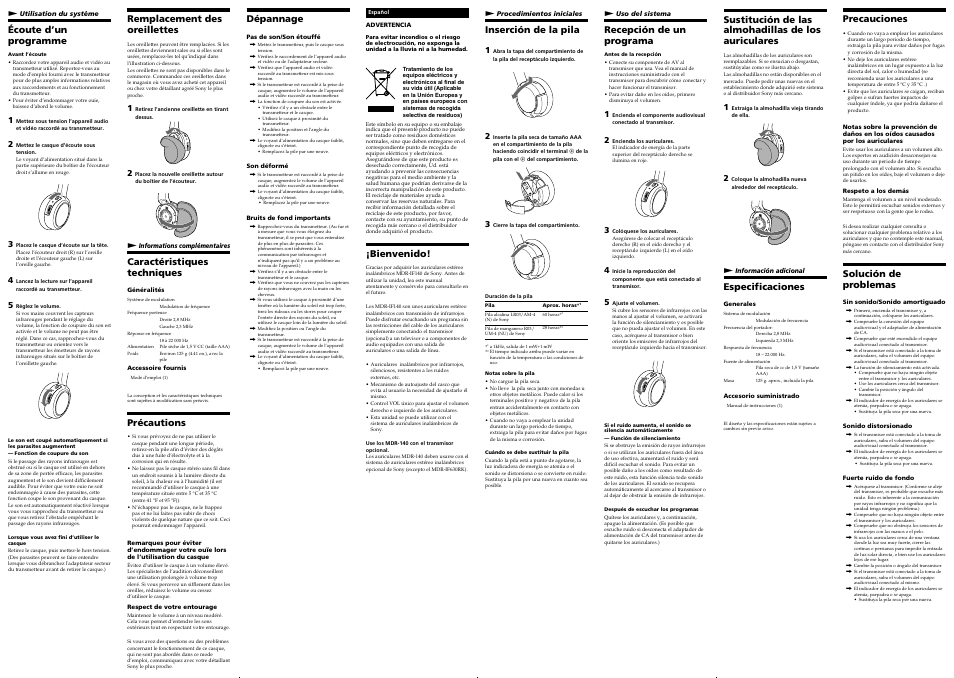 Caractéristiques techniques, Précautions, Dépannage | Bienvenido, Recepción de un programa, Sustitución de las almohadillas de los auriculares, Especificaciones, Écoute d’un programme, Precauciones, Solución de problemas | Sony MDR-IF140 User Manual | Page 2 / 2