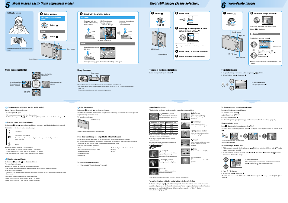 60min, Mode, Wb iso | Back/next, Volume vga, Std 6 4 0 stop rev/cue volume, Single display, Shoot images easily (auto adjustment mode), Shoot still images (scene selection), View/delete images | Sony DSC-T5 User Manual | Page 2 / 2