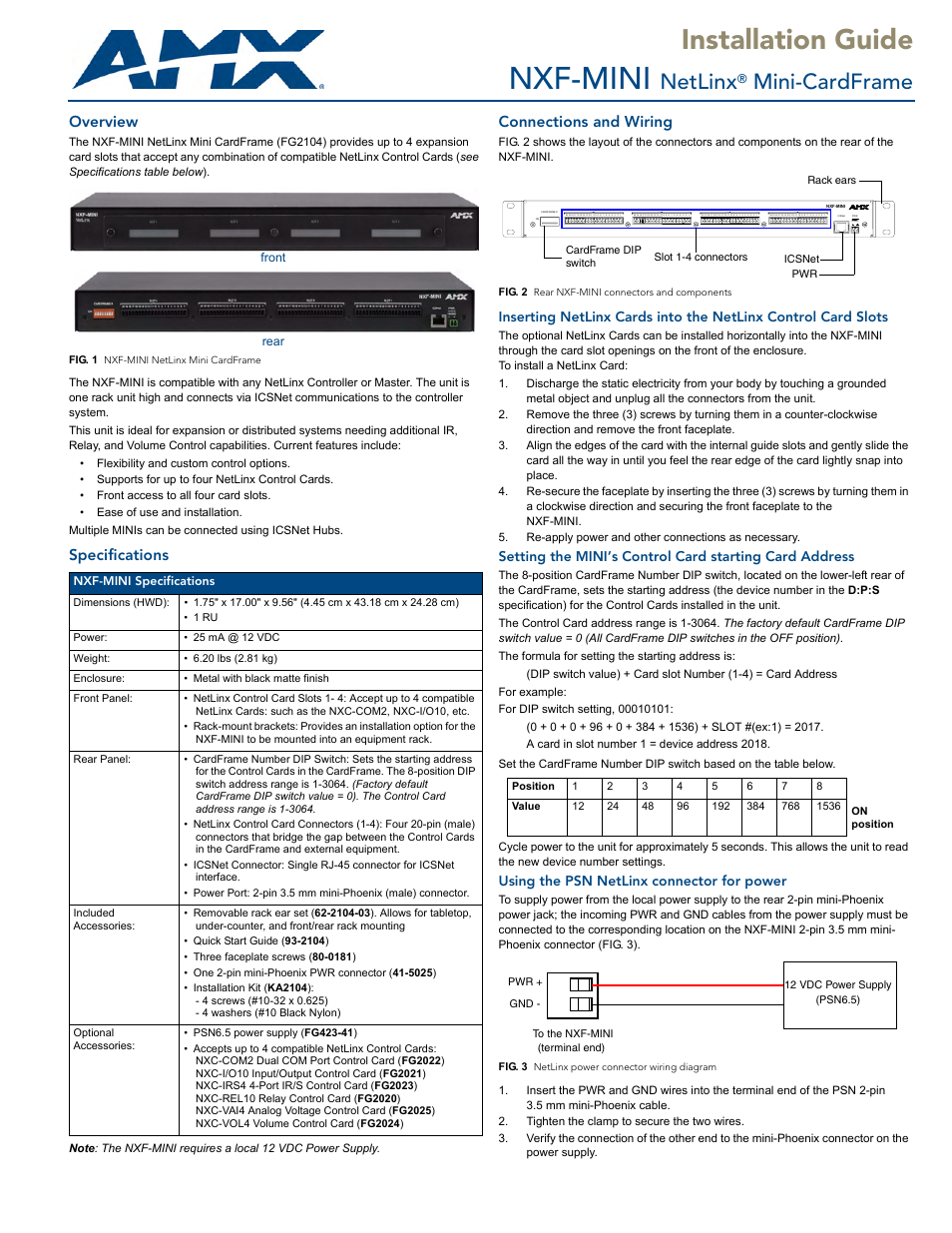 AMX NetLinx Mini-CardFrame NXF-MINI User Manual | 2 pages