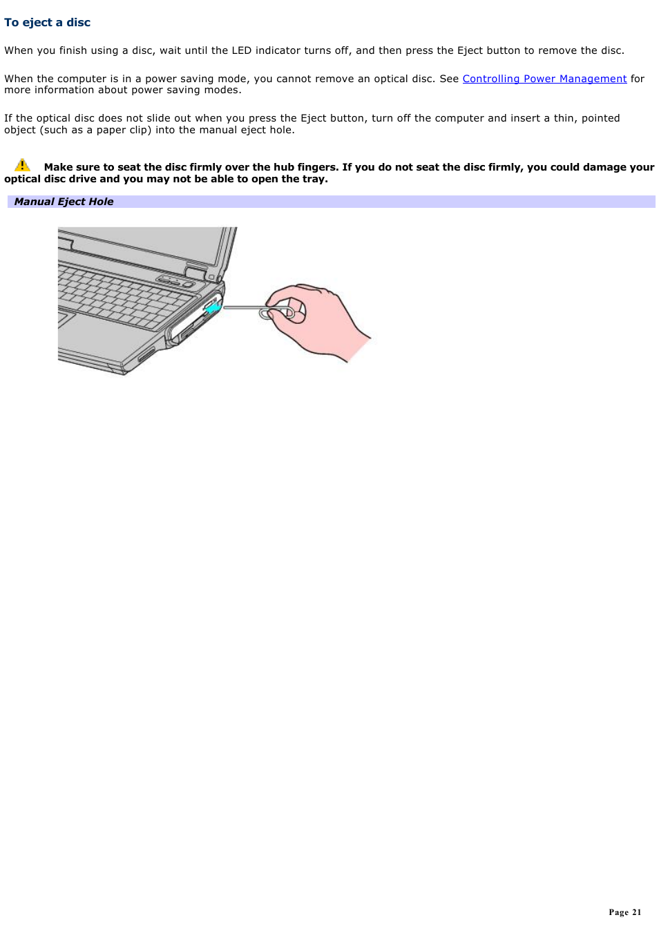 To eject a disc | Sony PCG-NV190 User Manual | Page 21 / 188