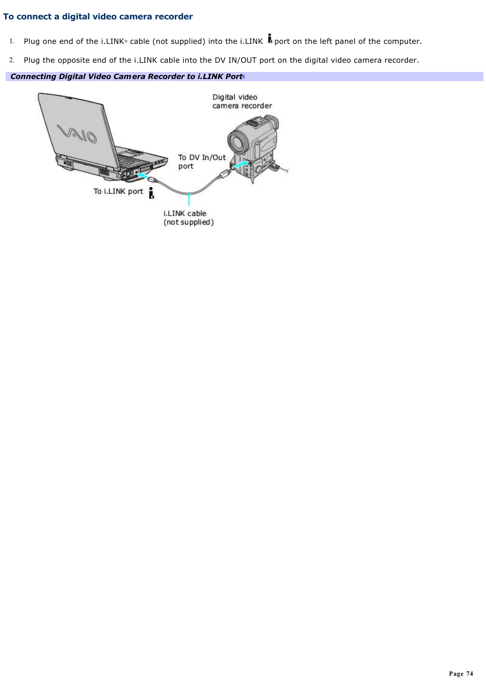 To connect a digital video camera recorder | Sony PCG-NV190 User Manual | Page 74 / 188