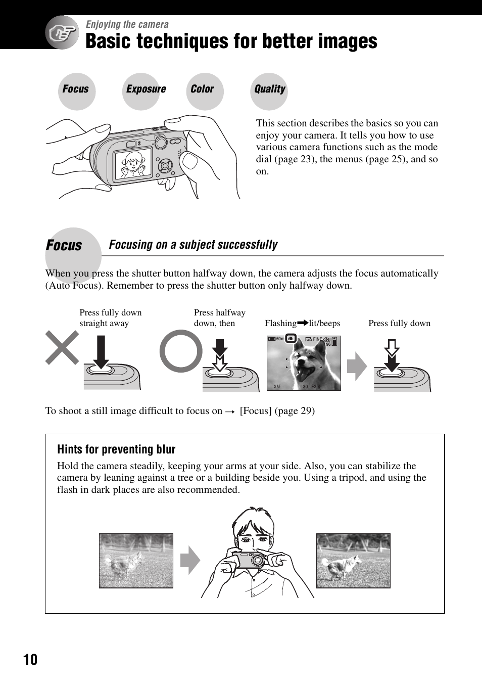 Enjoying the camera, Basic techniques for better images, Focus | Focusing on a subject successfully, Hints for preventing blur | Sony DSC-P200 User Manual | Page 10 / 99