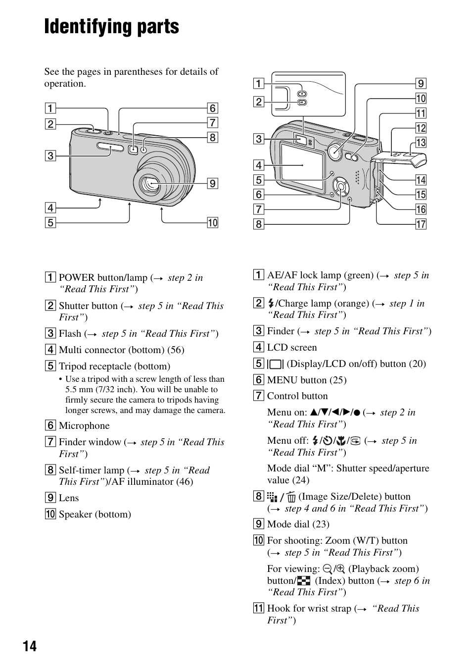 Identifying parts | Sony DSC-P200 User Manual | Page 14 / 99