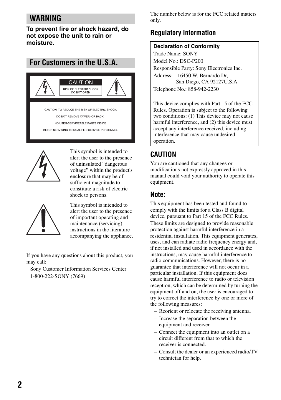 Warning for customers in the u.s.a | Sony DSC-P200 User Manual | Page 2 / 99