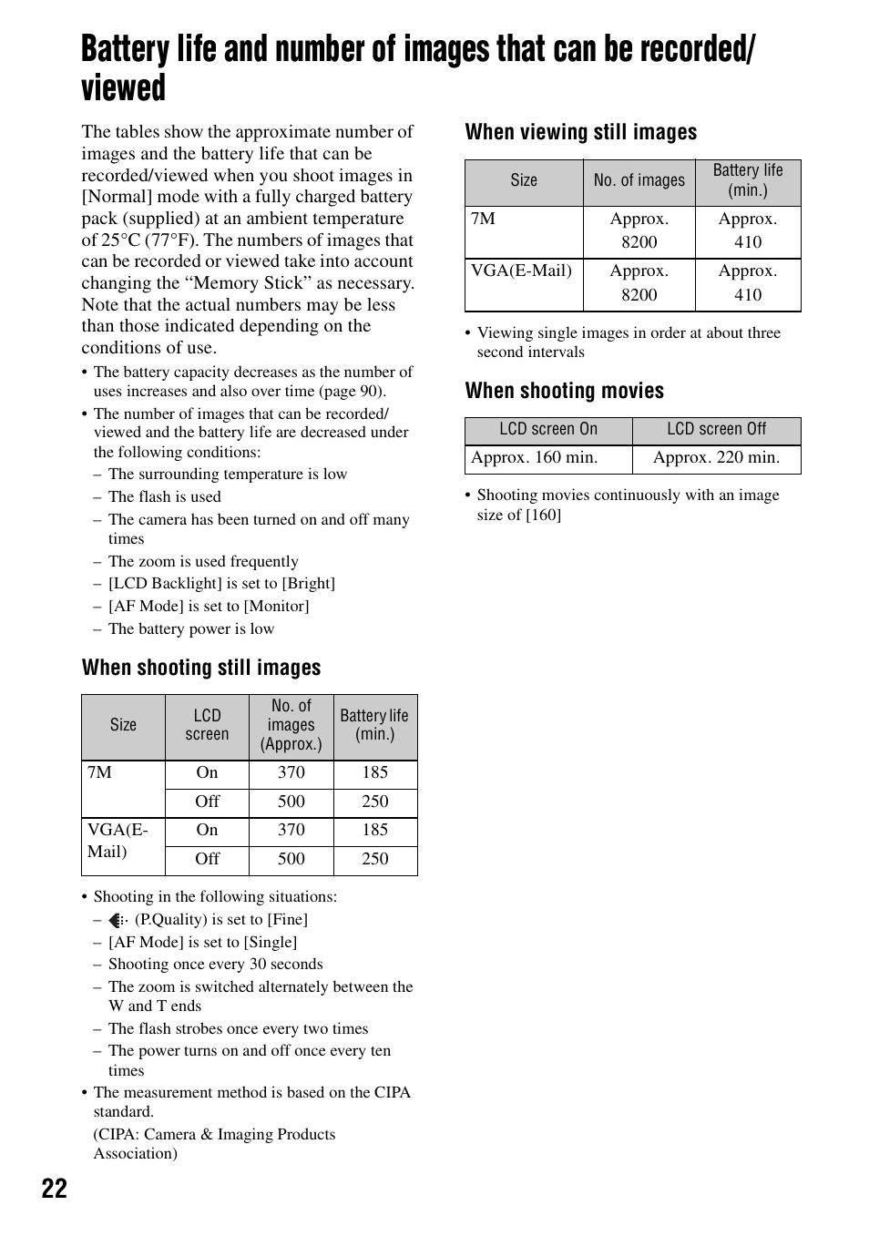 When shooting still images, When viewing still images, When shooting movies | Sony DSC-P200 User Manual | Page 22 / 99
