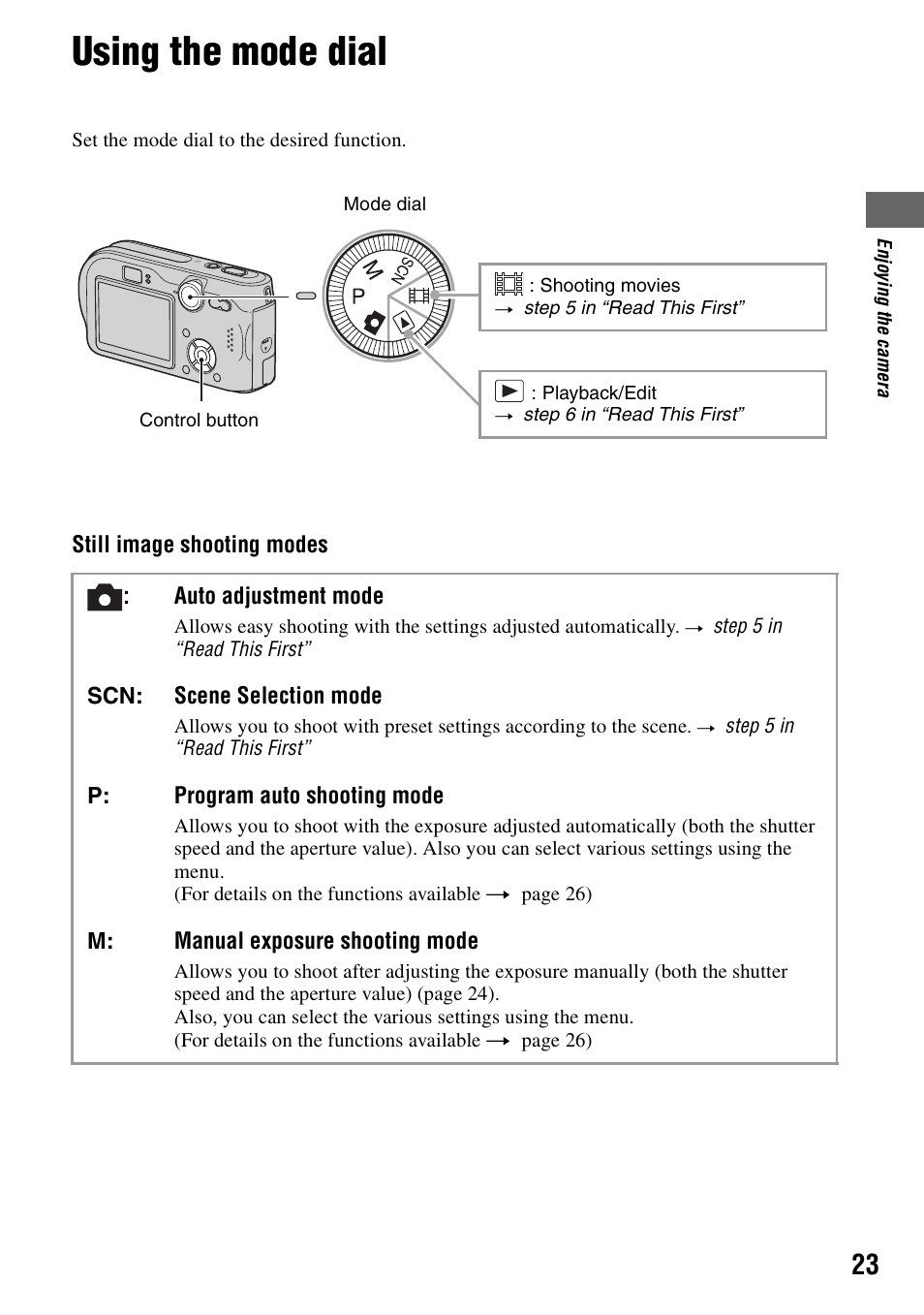 Using the mode dial | Sony DSC-P200 User Manual | Page 23 / 99