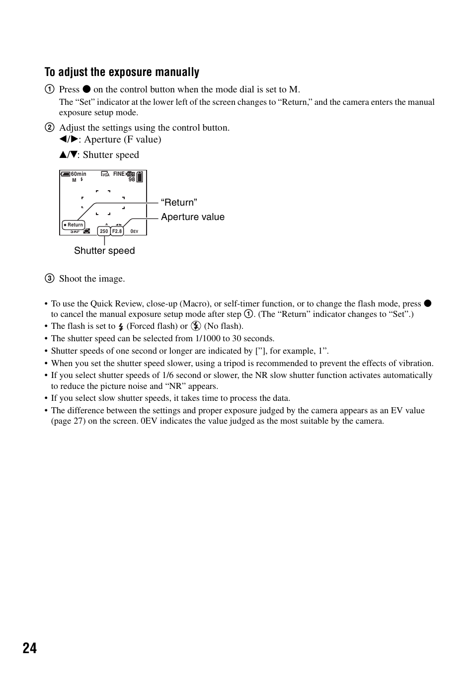 E (24), B/b: aperture (f value) v/v: shutter speed | Sony DSC-P200 User Manual | Page 24 / 99