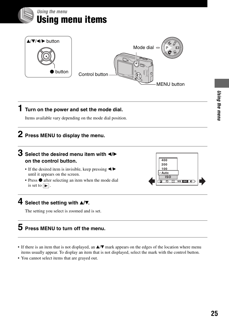 Using the menu, Using menu items, Nu (25) | Sony DSC-P200 User Manual | Page 25 / 99