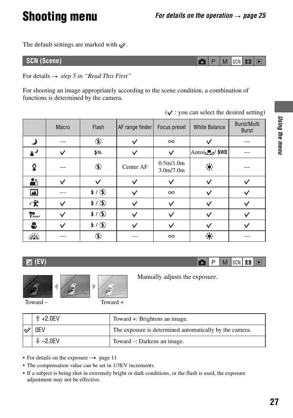 N (scene), E (27), Shooting menu | Sony DSC-P200 User Manual | Page 27 / 99