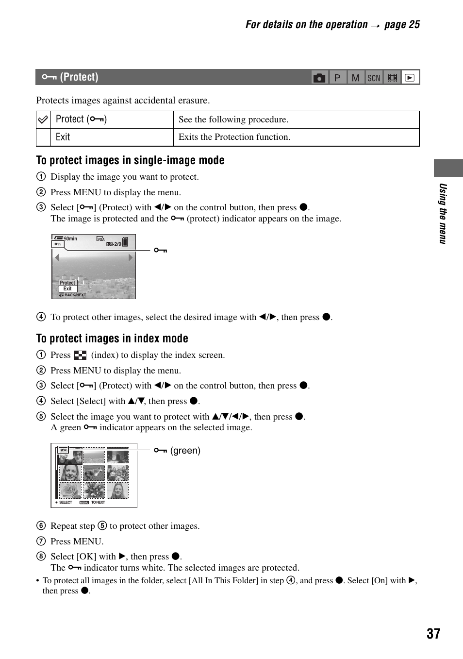 T (37), For details on the operation, Pa ge 25 | Protect) | Sony DSC-P200 User Manual | Page 37 / 99