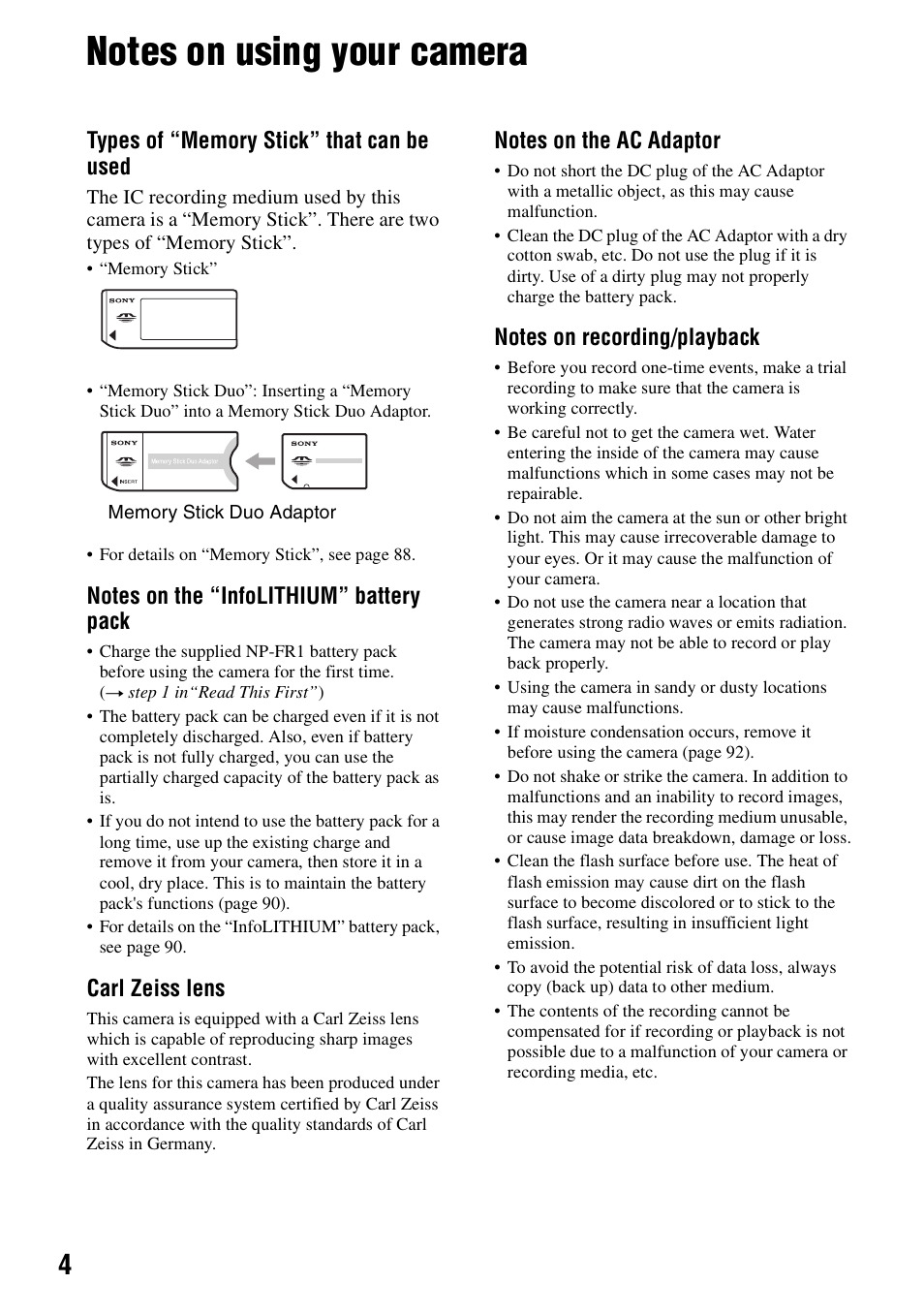Notes on using your camera, Carl zeiss lens | Sony DSC-P200 User Manual | Page 4 / 99