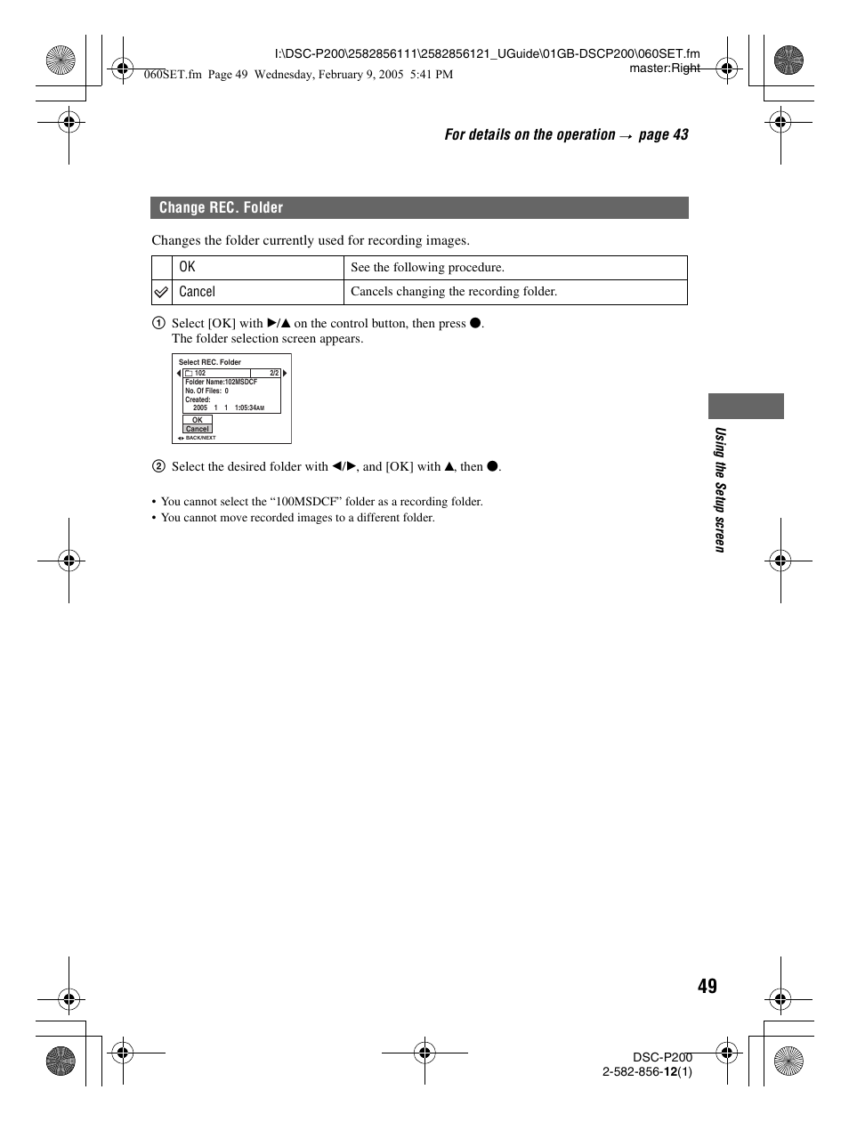 For details on the operation, Page 43, Change rec. folder | Cancel | Sony DSC-P200 User Manual | Page 49 / 99