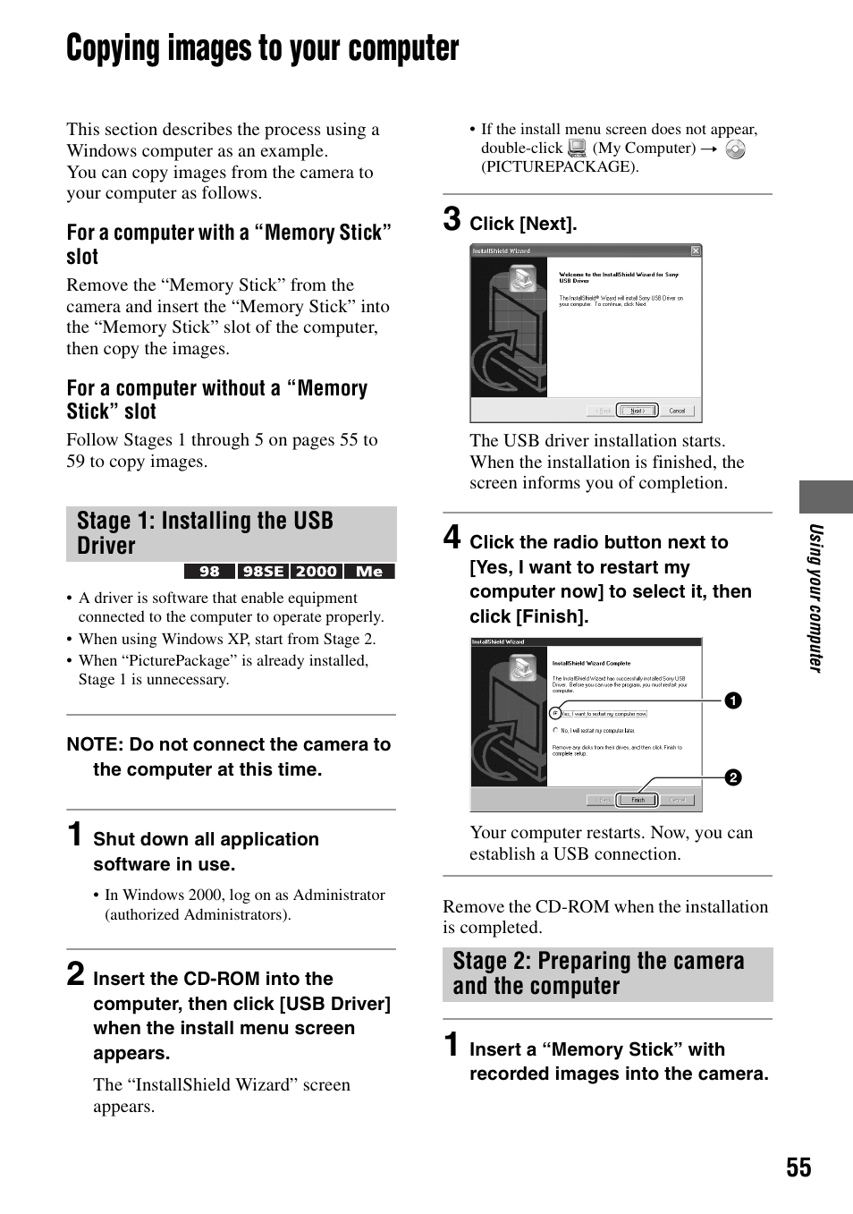 Copying images to your computer | Sony DSC-P200 User Manual | Page 55 / 99