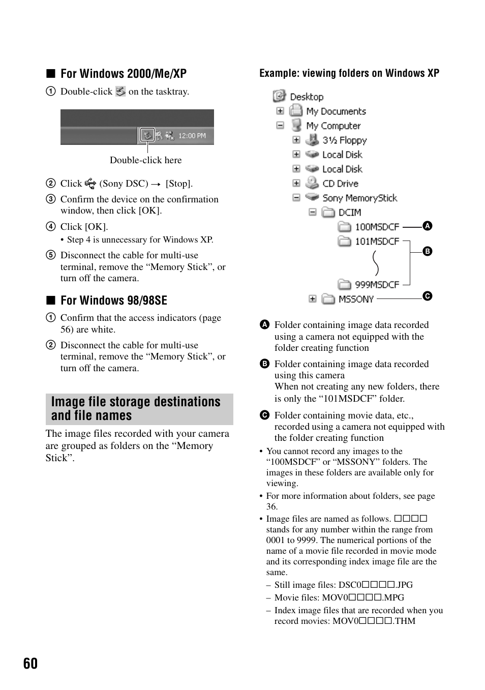 Image file storage destinations and file names, Xfor windows 2000/me/xp, Xfor windows 98/98se | Sony DSC-P200 User Manual | Page 60 / 99