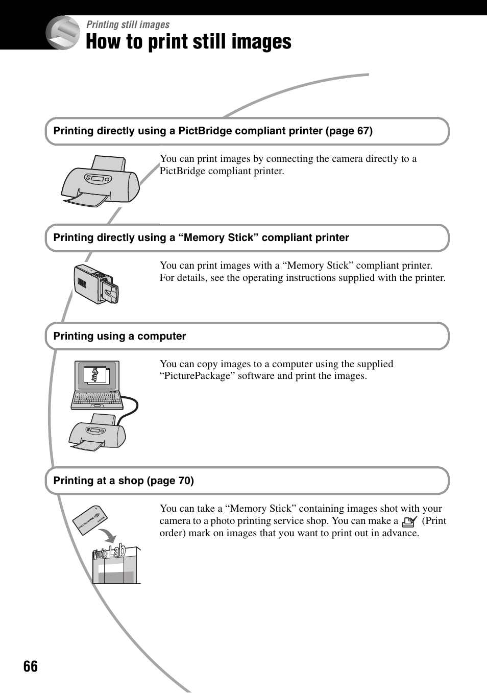 Printing still images, How to print still images | Sony DSC-P200 User Manual | Page 66 / 99