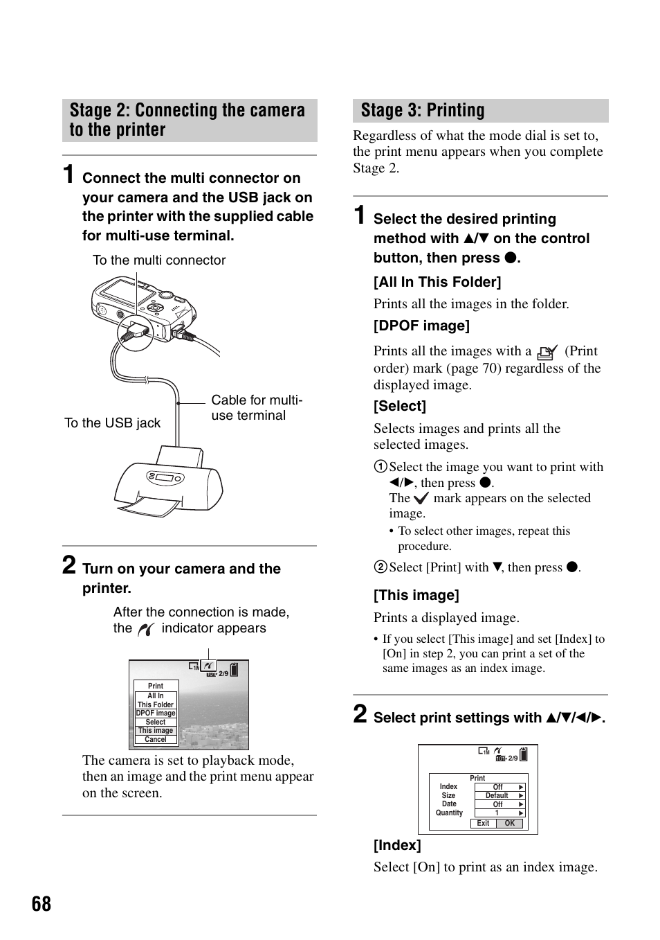 Stage 2: connecting the camera to the printer, Stage 3: printing | Sony DSC-P200 User Manual | Page 68 / 99