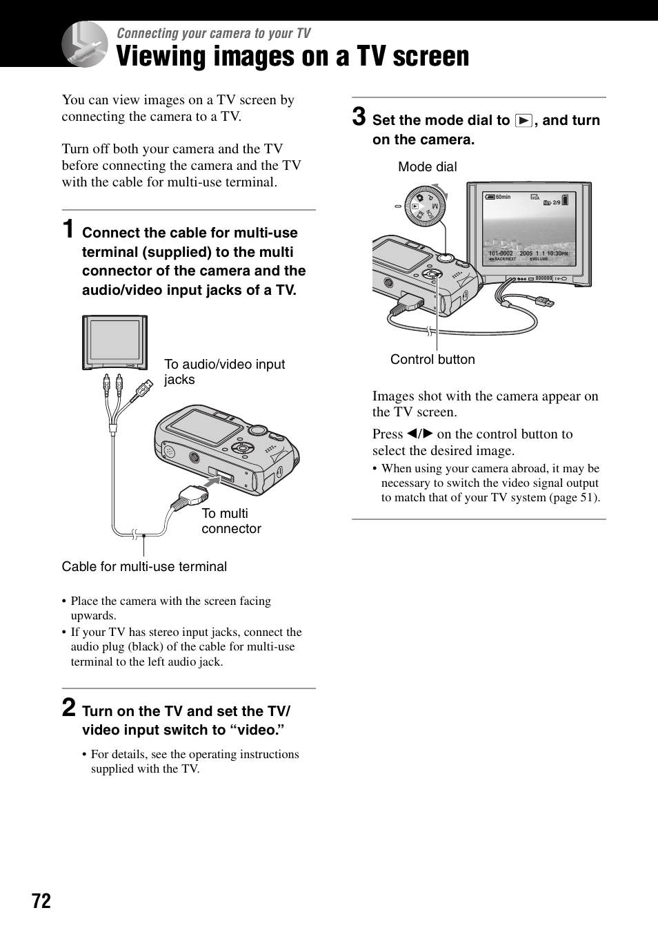 Connecting your camera to your tv, Viewing images on a tv screen | Sony DSC-P200 User Manual | Page 72 / 99