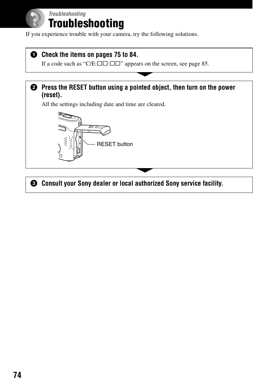 Troubleshooting | Sony DSC-P200 User Manual | Page 74 / 99