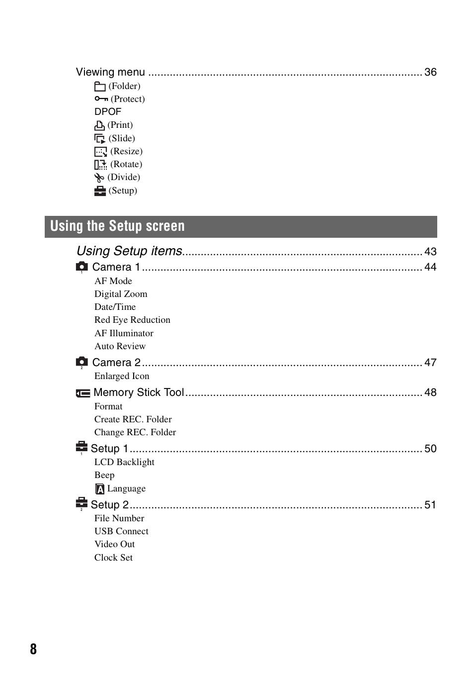 Using the setup screen, Using setup items | Sony DSC-P200 User Manual | Page 8 / 99