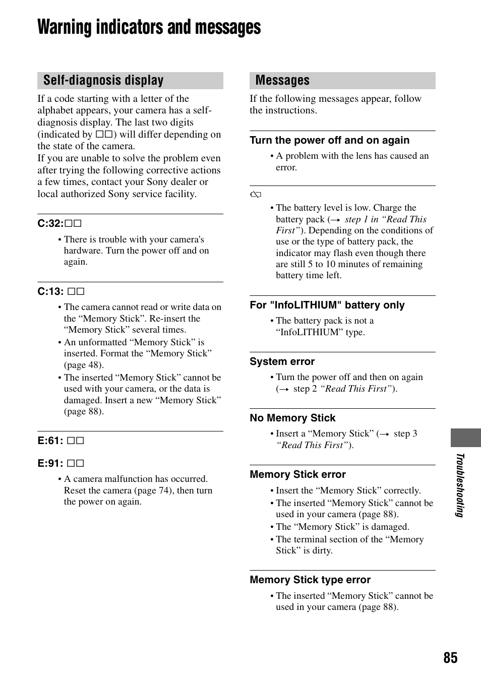 Warning indicators and messages, Y (85), Self-diagnosis display messages | Sony DSC-P200 User Manual | Page 85 / 99